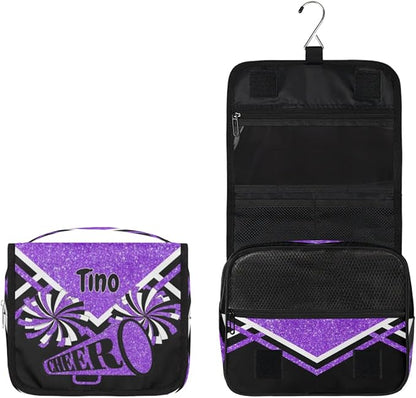 Personalized Hanging Toiletry Bag for Women, Cheerleading Large Capacity Travel Custom Name For Mothers Day, Birthday, Anniversary, Wedding, Purple Black Glitters