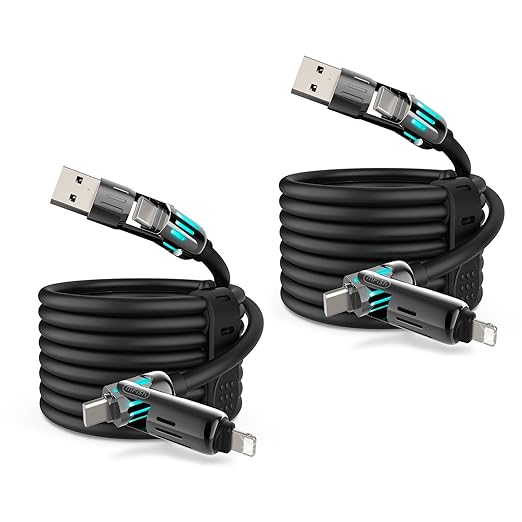 MFish 240W 4-in-1 Universal USB Charging Cable [2 Pack, 6.6ft] – Fast Charger Cord with USB-A, Dual USB-C & Lighting, for iPhone 14/15/16/17 Series, iPad & MacBook & More (2PACK, Black+Black, 6.6Ft)