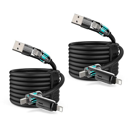 MFish 240W 4-in-1 Universal USB Charging Cable [2 Pack, 6.6ft] – Fast Charger Cord with USB-A, Dual USB-C & Lighting, for iPhone 14/15/16/17 Series, iPad & MacBook & More (2PACK, Black+Black, 6.6Ft)