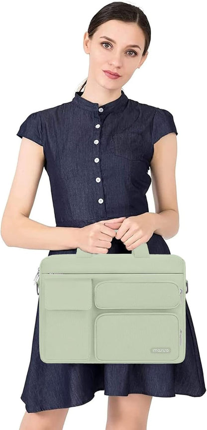 MOSISO Laptop Shoulder Bag 15.6 inch, 15-15.6 inch Computer Bag Compatible with MacBook Pro 16 inch, HP, Dell, Lenovo, Notebook with 2 Raised&1 Flapover&1 Horizontal Pocket&Handle&Belt, Sage Green