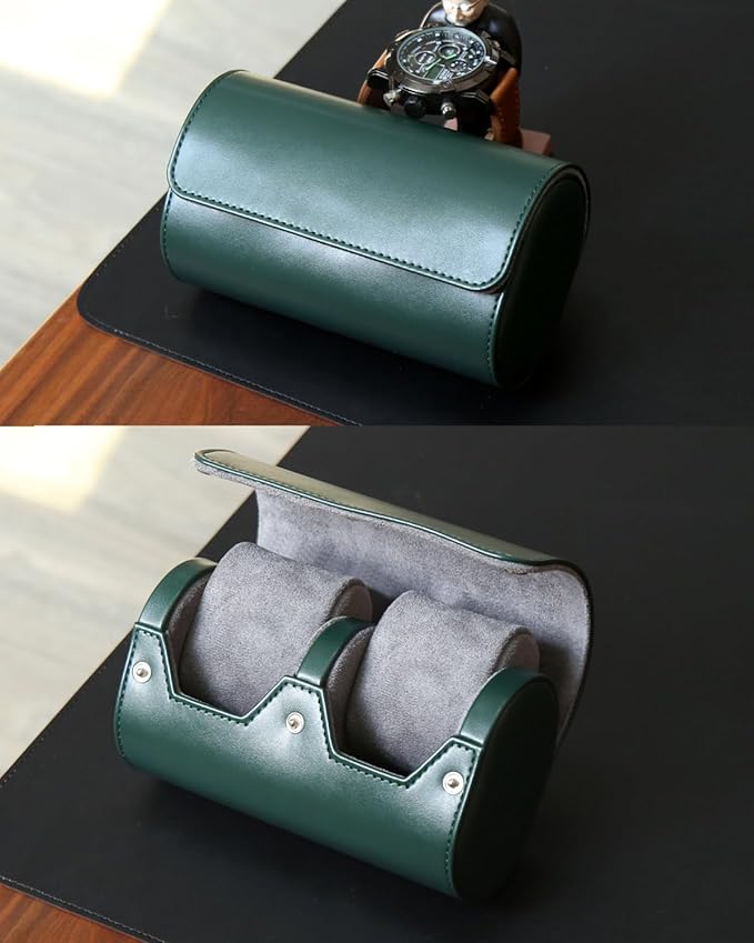Watch Roll Travel Case for Men and Women with Suede Lining Portable 2 Slot Watch Display Storage and Organizer to Holder Large Watch(2 slot green)