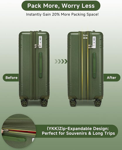 Somago 3 Piece Luggage Set with Cup Holder, Expandable 25% Capacity Suitcase with Shock-Absorbing Braking Spinner Wheels Moon Star Design Hardside Suitcase with TSA Lock (Army Green,Expandable Sets)