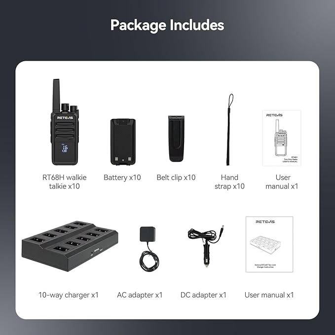 Retevis RT68H 2 Way Radio Long Range (10 Pack) with 10 Way Charger,Rechargeable Walkie Talkies for Adults,Easier Charging,Easier Management,LCD Display, Keypad Lock,Hands Free Compact Walkie Talkie