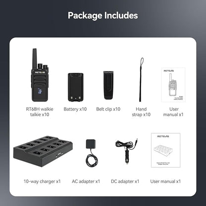 Retevis RT68H 2 Way Radio Long Range (10 Pack) with 10 Way Charger,Rechargeable Walkie Talkies for Adults,Easier Charging,Easier Management,LCD Display, Keypad Lock,Hands Free Compact Walkie Talkie