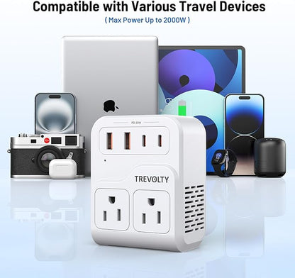 2000W Universal Travel Adapter, International Power Adapter with 3 AC Sockets, 2 USB-A & 2 USB-C (PD 20W) Ports, Worldwide Travel Essentials, European Travel Plug Adapter for UK/EU/AU