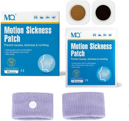 MQ 14 ct Motion Sickness Patches Non Drowsy Sea Sickness Patch for Cruise Travel Essentials, Waterproof Car Sick Patches Behind Ear Fast Acting & Long Last 72H, 1 Pair of Wristbands as a Bonus