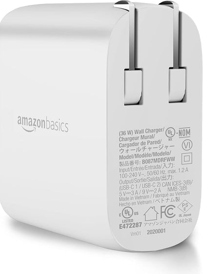 Amazon Basics 36W Two-Port USB-C Wall Charger for Tablets and Phones with Power Delivery - White, 2.34 x 1.09 x 2.21 in (PD36U-2TNB)