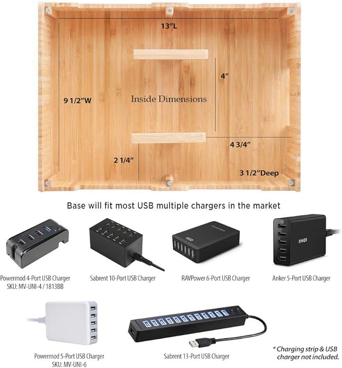 MobileVision Bamboo 10-Port Charging Station & Compatible Adapter for Apple Watch Combo for use with Watch, Smartphones & Tablets