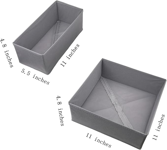 Drawer Organizer Set 4 Pack Gray, Fabric Dresser Organizer 11"x5.5"x4.8" & 11"x11"x4.8", Foldable Storage Drawers for Clothes Underwear Socks Bra Baby Dresser Closet