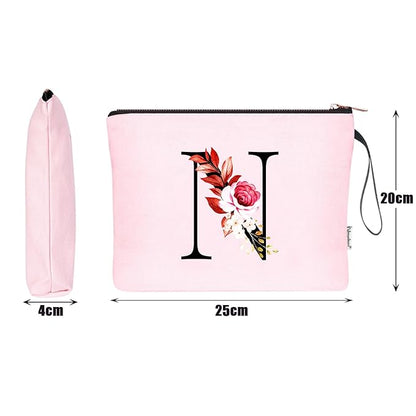 Vavabox A-Z Personalized Makeup Bag, Birthday Gifts for Women Mom, Gifts for Best Friend, Bride Bridesmaid Cosmetic bag (N, Pink)