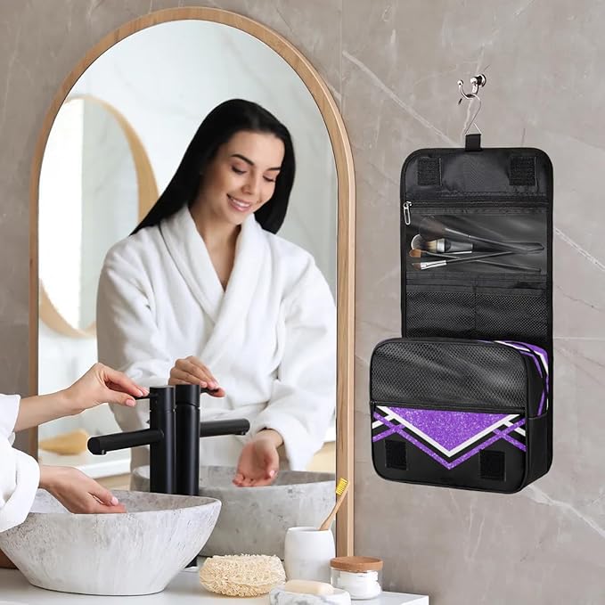 Personalized Hanging Toiletry Bag for Women, Cheerleading Large Capacity Travel Custom Name For Mothers Day, Birthday, Anniversary, Wedding, Purple Black Glitters