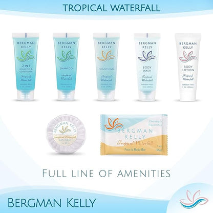 Bergman Kelly - Hotel Toiletries Bundle - Tropical Waterfall, 1 oz each, 18800 pcs - 4-Piece Set: Rectangular Bar Soap, Shampoo, Conditioner & Body Lotion (4700 each) - Bulk Mini Guest Amenities
