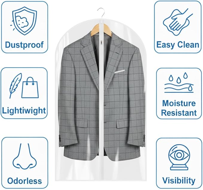 All Clear Garment Bags for Travel - 48” PEVA Waterproof Suit Cover with Zipper for Hanging Clothes, long dress - Durable Dresser for Closet Storage, Dustproof & Moisture Resistant - 48”/12 Pack