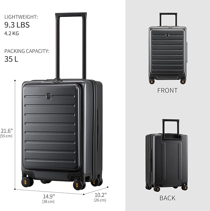 LEVEL8 Carry On Luggage with Compartment, 20 Inch Lightweight Hard Shell Rolling Suitcase with Wheels Airline Approved with Front Pocket, Double Tsa Locks, Grey