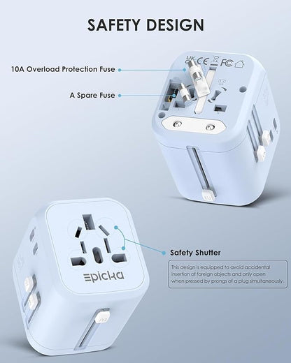 EPICKA 35W Universal Travel Adapter with 2 AC Outlet, European Travel Plug Adapter with PD Fast Charging, 6-Port (2 AC/2 USB-C/3 USB-A) International Power Adapter - Travel Essentials (TA-205, Blue)