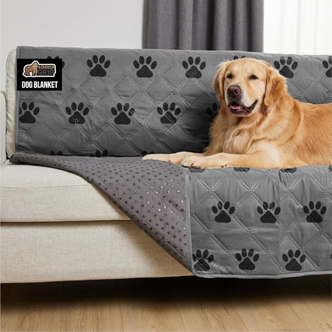 GORILLA GRIP Waterproof Bed Cover for Dogs, 102x82, Gripped Slip Resistant Backing, Leak Proof Washable Dog Blanket Covers Sofa, Couch, Sectional, Crate, Car, RV Seats, Pet Puppy Essentials, Gray Paw