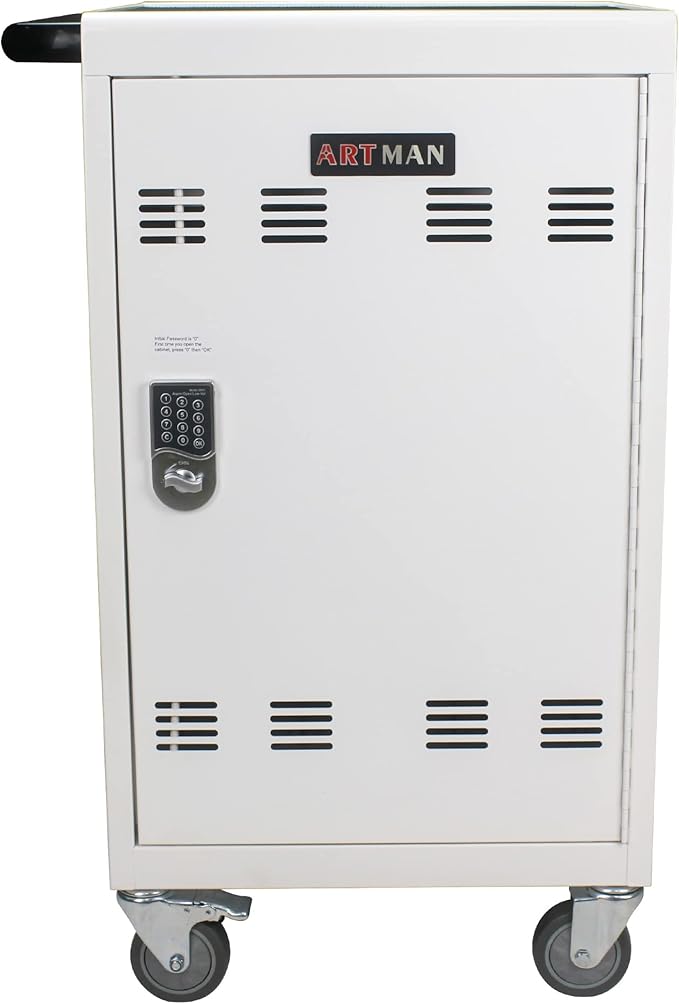 32 Device Mobile Charging Cart with Password Lock, Mobile Ipad Cart for iPads, Chromebooks and Laptop Computers, Locking Charging Station with Lock & Key for The Front Back Door, Surge Protection