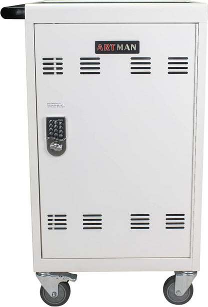 32 Device Mobile Charging Cart with Password Lock, Mobile Ipad Cart for iPads, Chromebooks and Laptop Computers, Locking Charging Station with Lock & Key for The Front Back Door, Surge Protection