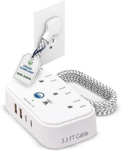 Cruise Approved Power Strip Non Surge Protector with 3.3 ft Travel Extension Cord and USB Ports [2 USB, 2 USB-C, 3 AC] Cruise Ship Essentials for Carnival, Princess, & Major Cruise Lines 2025 & 2026