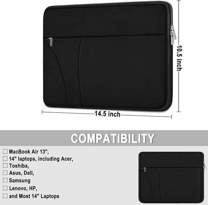 Laptop Case 13.3 inch, Shockproof Protective Carrying Briefcase Computer Bag with Zippered Pocket, Slim Traveling Laptop Sleeve Compatible for MacBook Air Pro 13.3 inch 14 inch, Dell, HP, Black