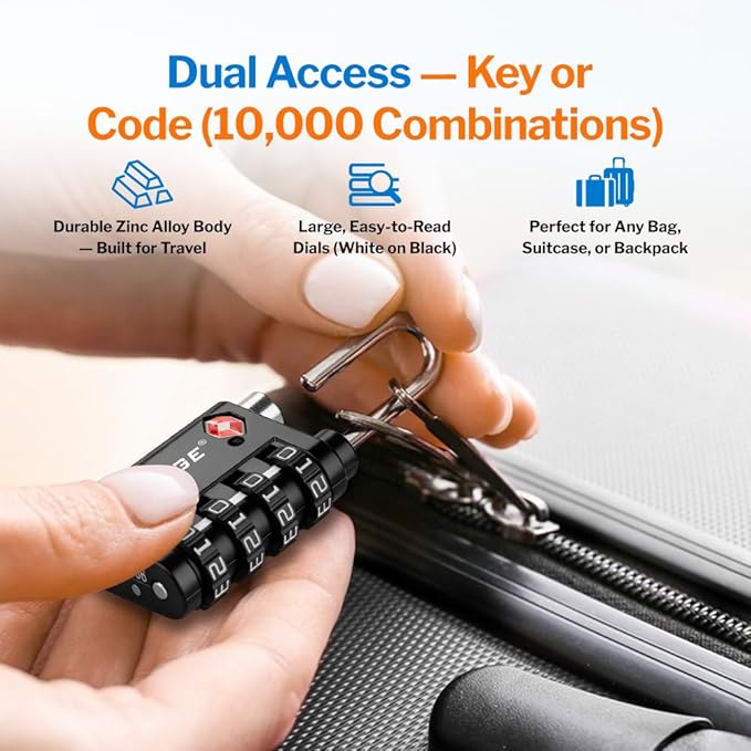 Forge Dual-Opening: Key or Combination Lock, TSA Approved Lock for Luggage, Pelican case, Travel, Gym, School, Luggage Combination Lock, Travel Bag Lock (Black 6 Pk)