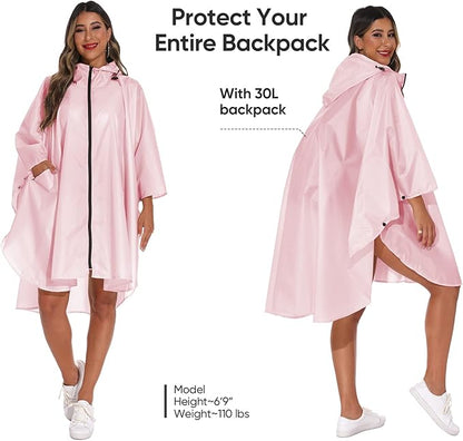 PTEROMY Hooded Rain Poncho for Adult with Pocket and Zipper, Waterproof Lightweight Raincoat for Men and Women