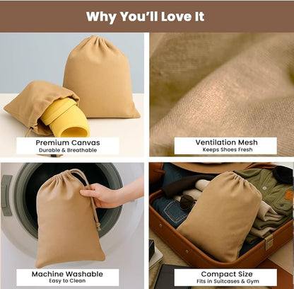 LFH Cotton Rich Shoe Storage Bags with Drawstring, Dustproof Breathable Reusable Organizer, Perfect For Travel, Dorm, Hotel, College, Gym, Easy to Carry, Machine Washable 8"x17" (Pack of 4) - Beige