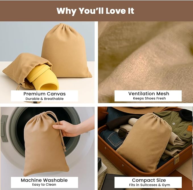 LFH Cotton Rich Shoe Storage Bags with Drawstring, Dustproof Breathable Reusable Organizer, Perfect For Travel, Dorm, Hotel, College, Gym, Easy to Carry, Machine Washable 8"x17" (Pack of 2) - Beige