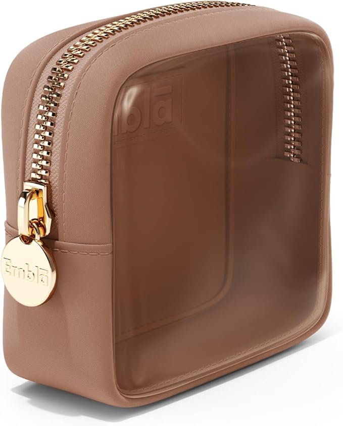 Embla London Makeup Bag Cosmetic Case, Clear Zipper Make Up Pouch and Toiletry Travel Tote, Cute Skincare Pouches for Women Girls, Preppy Purse Cosmetic Organizer, Mini Makeup Bags, Mocha Mousse