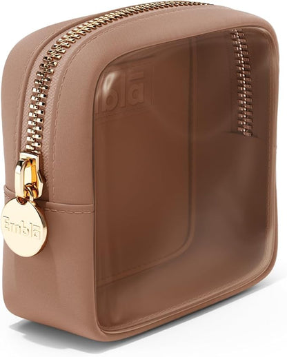 Embla London Makeup Bag Cosmetic Case, Clear Zipper Make Up Pouch and Toiletry Travel Tote, Cute Skincare Pouches for Women Girls, Preppy Purse Cosmetic Organizer, Mini Makeup Bags, Mocha Mousse