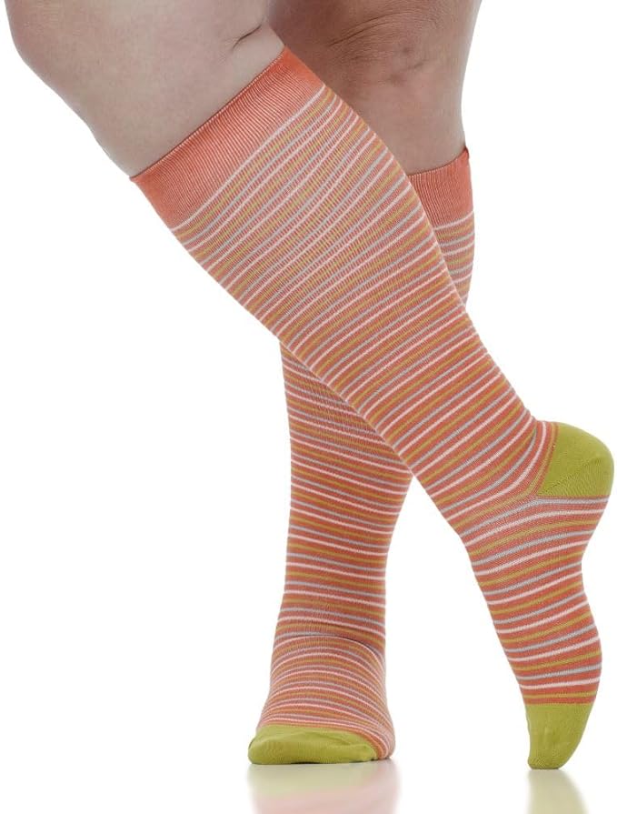 VIM & VIGR Cotton 15-20 mmHg Graduated Compression Socks (Rust & Chartreuse Pinstripe, Large/X-Large Wide Calf (6))