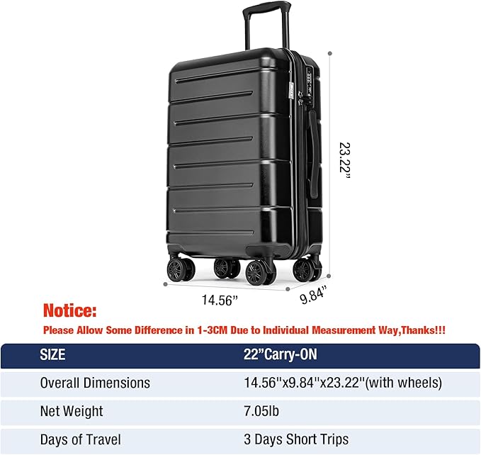 KYME Carry On Luggage 22x14x9 Airline Approved Hardshell Carry On Suitcase with TSA Lock Hardside Suitcases with Wheels Travel Rolling 22 Inch Luggage with Cup Holder for Men Women Black
