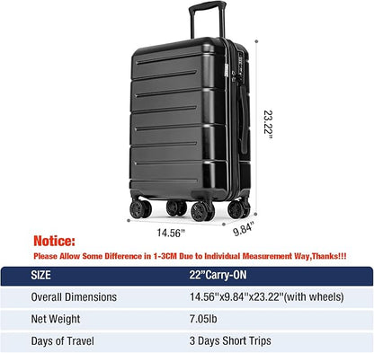 KYME Carry On Luggage 22x14x9 Airline Approved Hardshell Carry On Suitcase with TSA Lock Hardside Suitcases with Wheels Travel Rolling 22 Inch Luggage with Cup Holder for Men Women Black