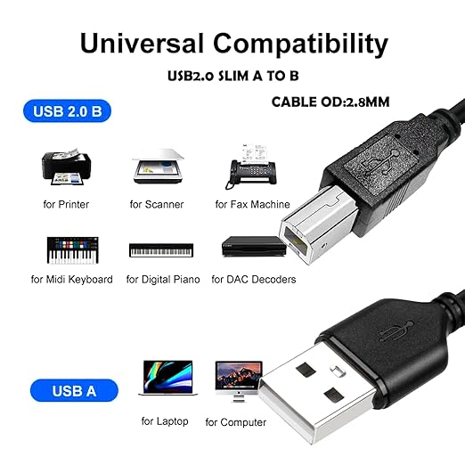 Long Slim 20ft Type2.0 Printer Wire, Type A to Type B Wire High Speed Type 2.0 A to B Wire Scanner Printer Cord to Computer for HP Canon Brother Dell Epson OD2.8MM
