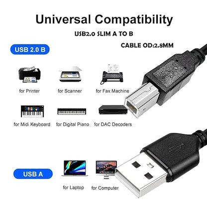 Long Slim 20ft Type2.0 Printer Wire, Type A to Type B Wire High Speed Type 2.0 A to B Wire Scanner Printer Cord to Computer for HP Canon Brother Dell Epson OD2.8MM