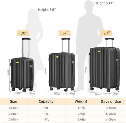 MGB Hardside Checked Luggage with Wheels, Lightweight Durable Medium Luggage with TSA Lock, PC Hard Shell Suitcase for Travel with 360°Double Spinner Wheels