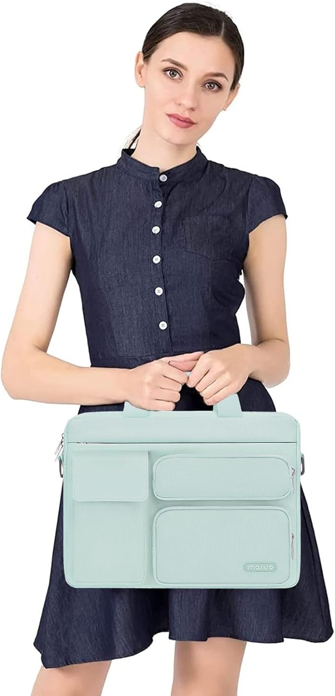 MOSISO Laptop Shoulder Bag 13.3 inch, 13-14 inch Computer Bag Compatible with MacBook Air/Pro 13 / Pro 14, HP Dell ASUS Lenovo with 2 Raised&1 Flapover&1 Horizontal Pocket&Handle&Belt, Mint Green