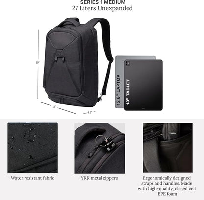 Knack Series 1 Laptop Backpack Travel Set Fits up to 15 Inch - Includes Expandable Packing Insert, and Knack's Insulated Bottle, TSA Approved, Expandable Travel Backpacks (Black, Medium)