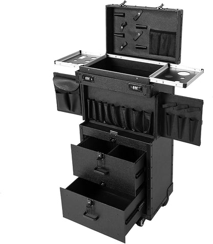 Beauty Rolling Makeup Train Case, Professional Lockable Rolling Salon Luggage, Retro-Rolling Cart Storage Organizer Trolley Make Up Case, 4 Universal Wheels, Retractable Rod, Buckle (All Black1)