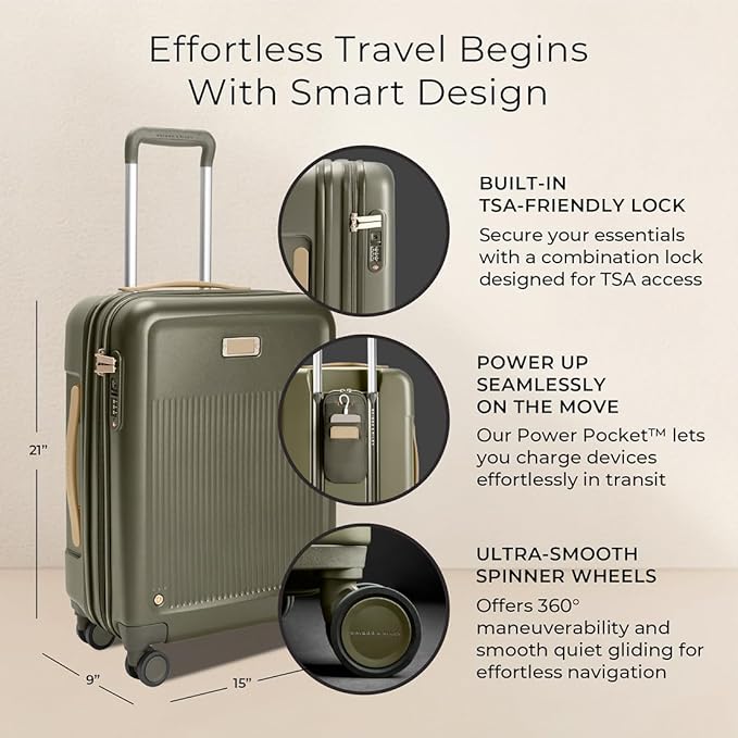 Briggs & Riley 21" Global Carry On Expandable Spinner - Luggage for Travel, Suitcases with Wheels, Hardside Rolling Bag for Men & Women, Self-Repairing Zipper - Sympatico Collection, Olive