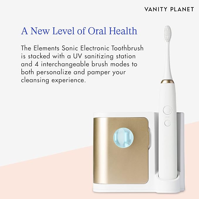 Vanity Planet Elements Ultrasonic Electric Toothbrush - Gold - Advanced Oral Care with UV Sanitizing Charger Base with 3 Replacement Heads - 99.9% Effective Keeping Your Teeth Clean