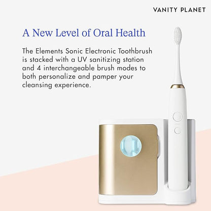 Vanity Planet Elements Ultrasonic Electric Toothbrush - Gold - Advanced Oral Care with UV Sanitizing Charger Base with 3 Replacement Heads - 99.9% Effective Keeping Your Teeth Clean