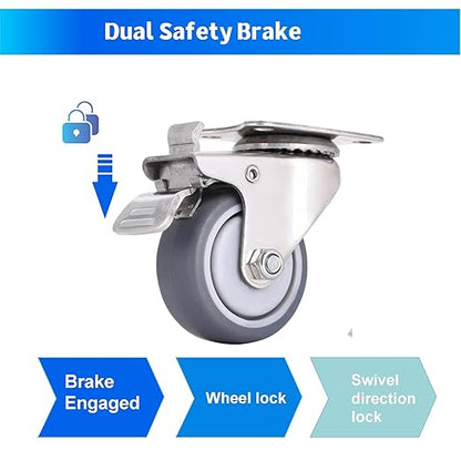 Stainless Steel Caster Wheels 2 Inch Set of 4, Anti-Rust 360° Swivel Casters, Silent and Non-Marks Thermoplastic Rubber Wheels for Furnitures,Labs,Hospitals,Restaurants