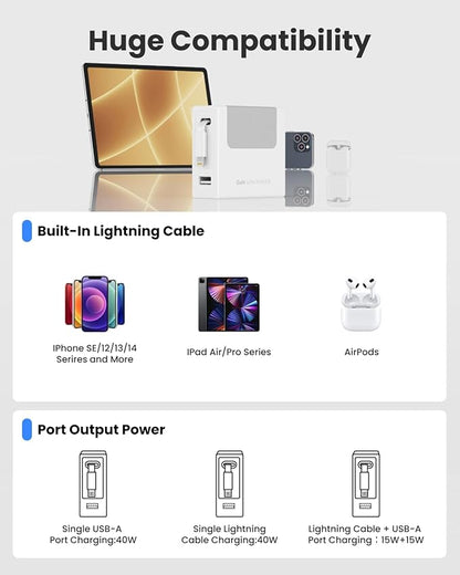 Gitryin Portable Charger Block, Retractable Wall Charger, 40W PD Fast Charging Block with 33.5in Lightning Cable, Power Adapter with Foldable Plug for iPhone14/13/12, White