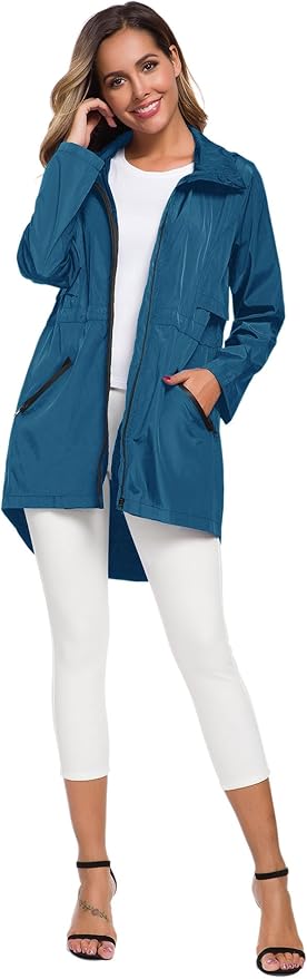 Avoogue Women's Long Raincoat with Hood Outdoor Lightweight Windbreaker Rain Jacket Waterproof