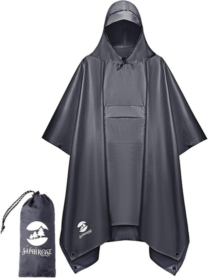 SaphiRose Extra Thick Hooded Rain Poncho Double Layer Waterproof Raincoat Jacket for Men Women Adults