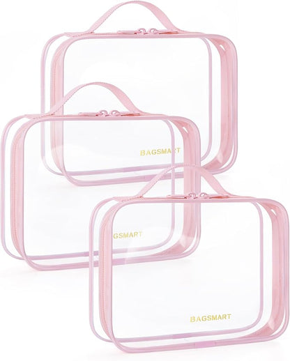 BAGSMART Clear Toiletry Bag, TSA Approved Travel Toiletry Bag Carry On Travel Accessories Bag Airport Airline Quart Size Bags water-resistant Makeup Bag for Women