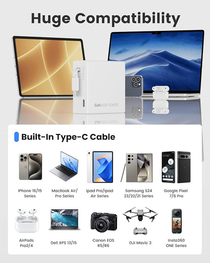 Gitryin 65W USB C Retractable Wall Charger with Built-in Type-C Cable, 2-in-1 Foldable Fast Charger Block, Travel Essentials Compatible for Laptop, MacBook Pro/Air, iPhone 16/15, iPad, Galaxy, Pixel