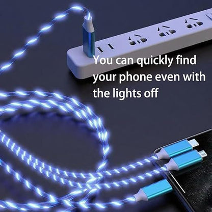 USB Cable PD Fast Charger Lighted Up (USB 3IN1 Blue),Phone Data Cable, Flowing Light Charging Cable, 39-inch, TPE Material, Compatible with Almost All Phones, Tablets, and Headphones.