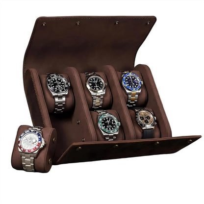 Genuine Leather Watch Roll Travel Case,Vintage Full Grain Leather Watch Box with Pillow for Men,Watch Storage Organizer for Home Storage,Travel Watch Organizer Box (6 Slots)